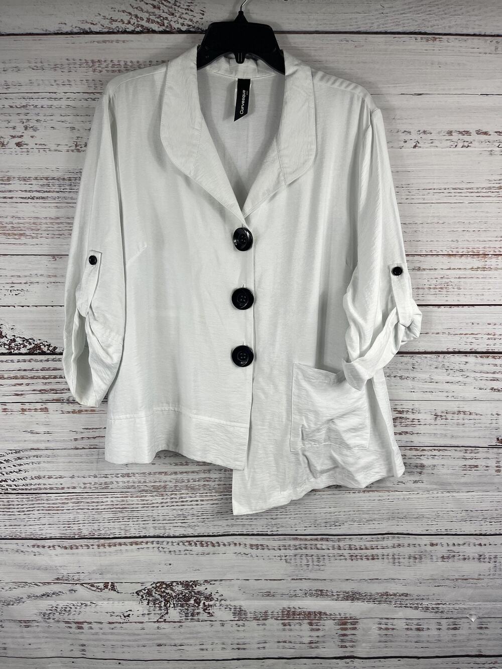 Curvesque Jacket Womens 2X White Asymmetrical Button Front Lightweight USA Rayon